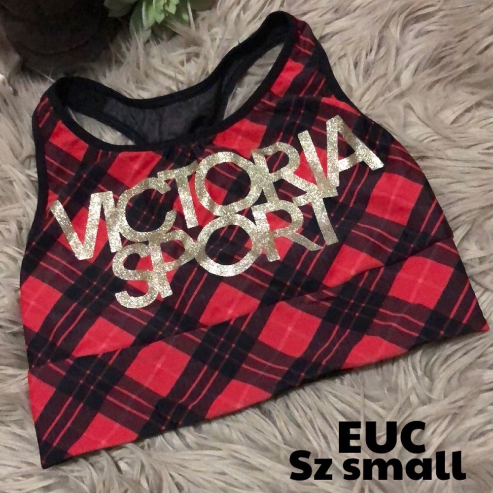 Victoria Sport-Low Impact Racer Back Bra-Red Plaid/Gold Glittery Logo-Sz S-EUC